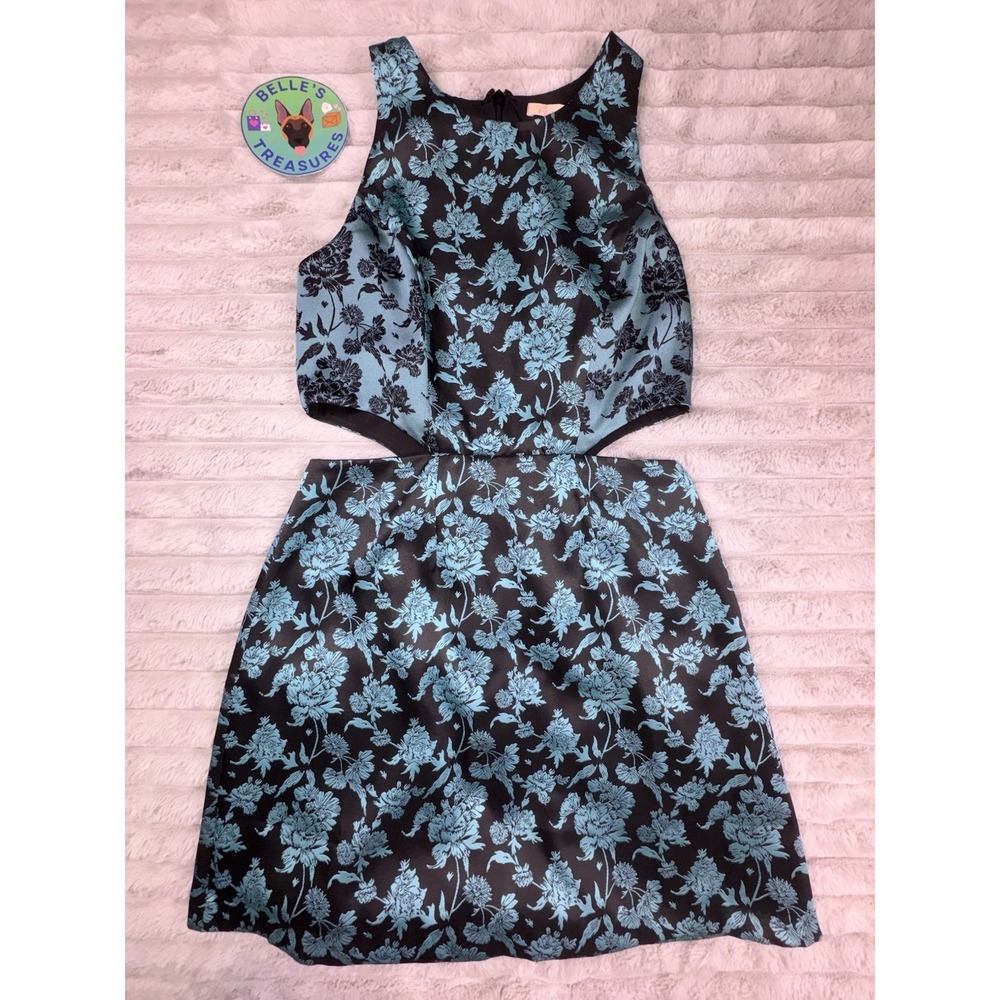 Anthropologie Hutch Six 6 Floral Jacquard‎ Cut-Out Mini Dress Baroque Blue Black